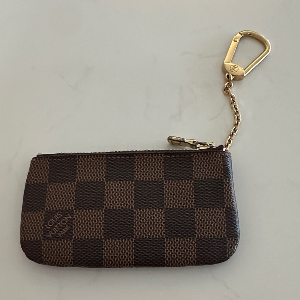 Authentic Louis Vuitton Brown Checkered Key Pouch with Gold Chain